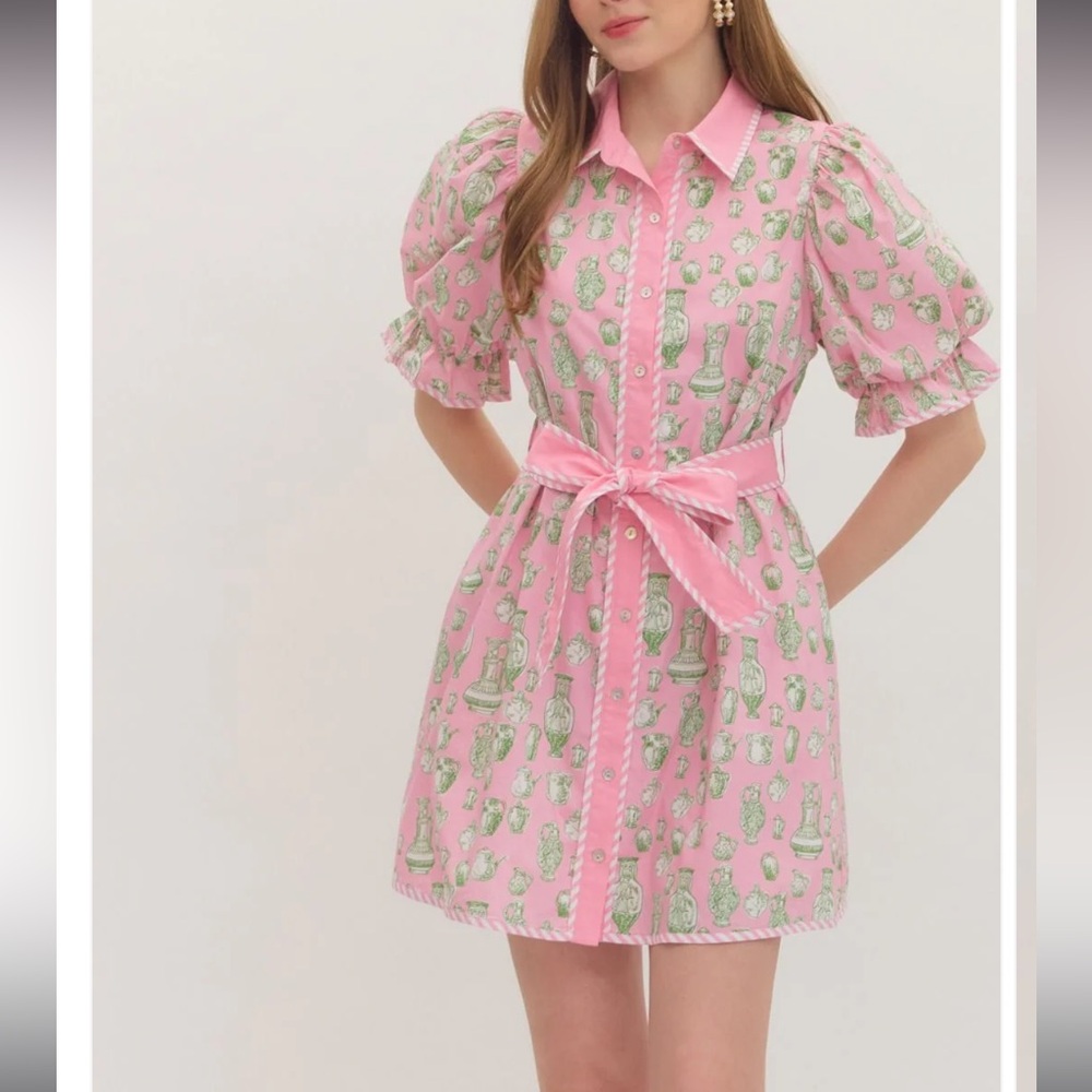 entro Pink Printed Puff-Sleeve Mini Dress with Waist Tie(026)